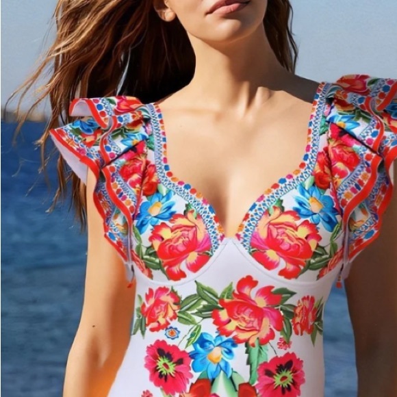 Other - Boho Blanca resort onepiece swimsuit & maxi cover-up skirt white red blue floral